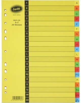 Bantex A4, manilla index, A-Z 20 division, colours. - Park Avenue