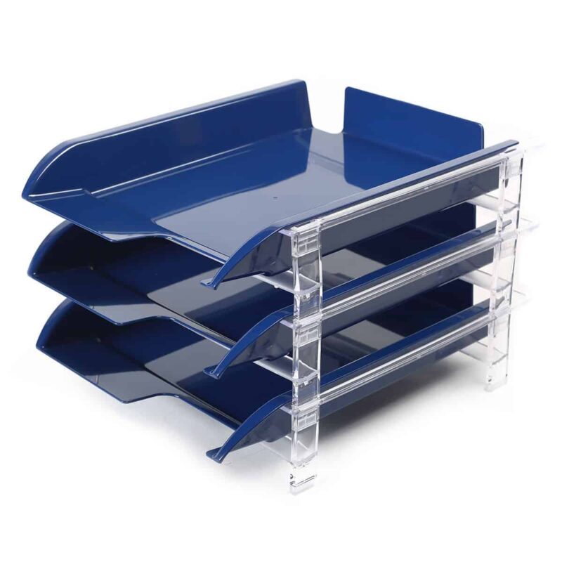 Moulded plastic trays to be stacked on a transparent