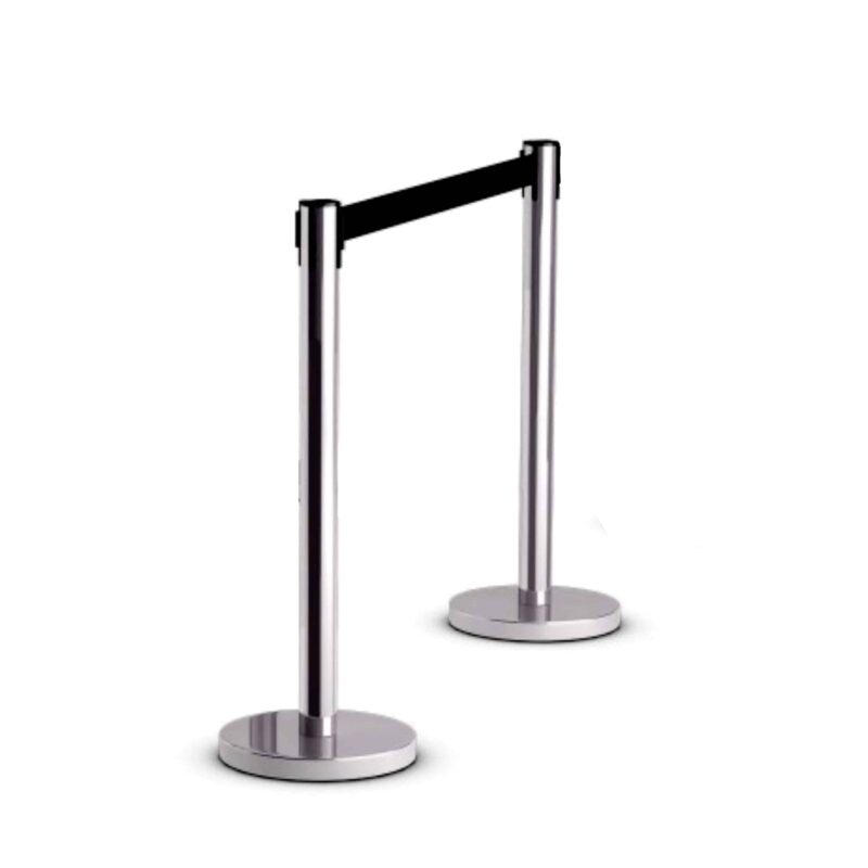 RETRACTABLE QUEUE BARRIER CHROME WITH BLACK BELT 910X320MM - BOX OF 2