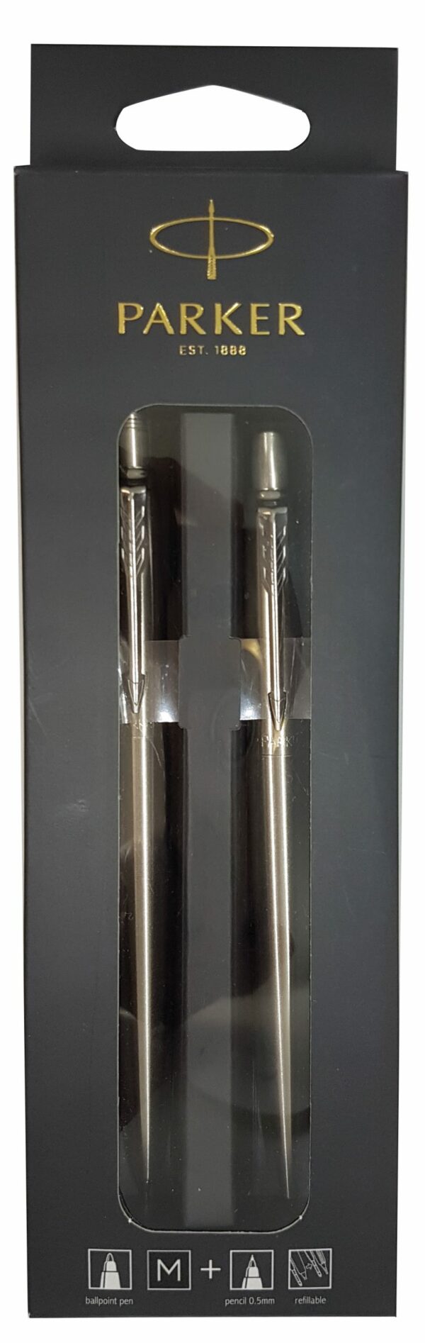 PARKER Jotter Ball Pen & Pencil Set Medium Nib Black Ink Hangsell - Stainless Steel Chrome Trim