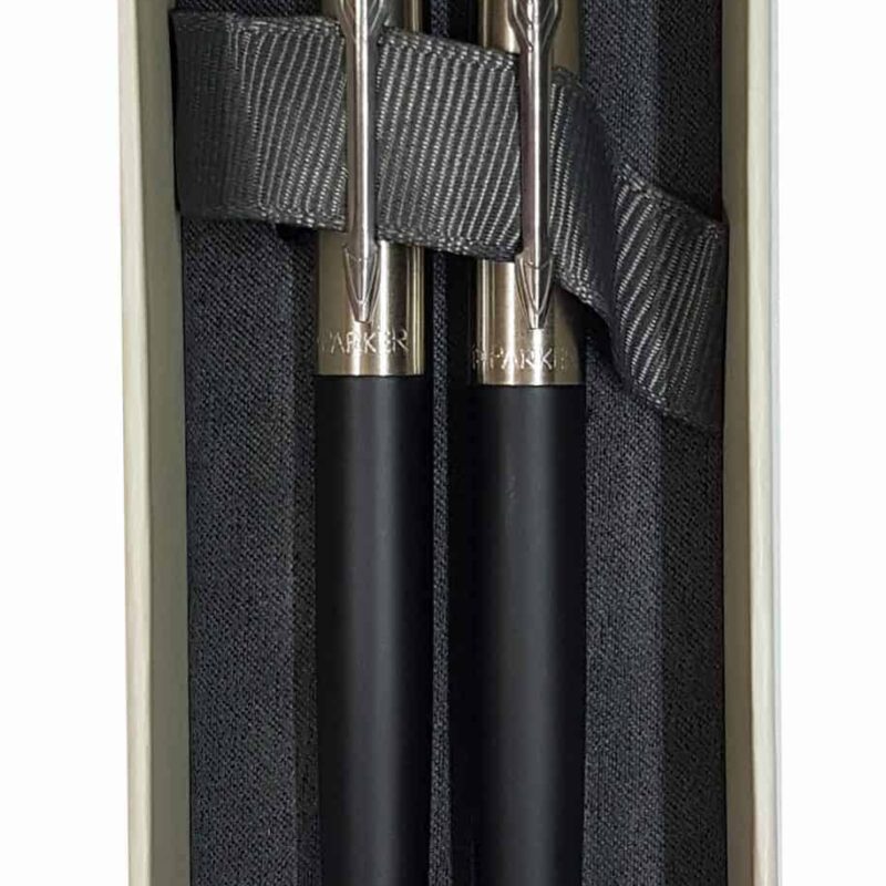 PARKER Jotter Ball Pen & Pencil Set Medium Nib Black Ink Gift Box - Bond Street Black Chrome Trim