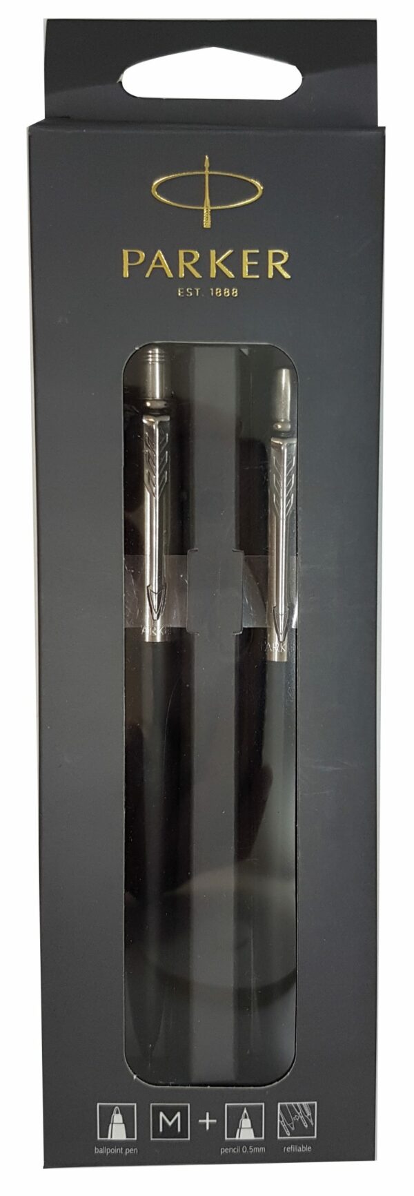 PARKER Jotter Ball Pen & Pencil Set Medium Nib Black Ink Hangsell - Bond Street Black Chrome Trim