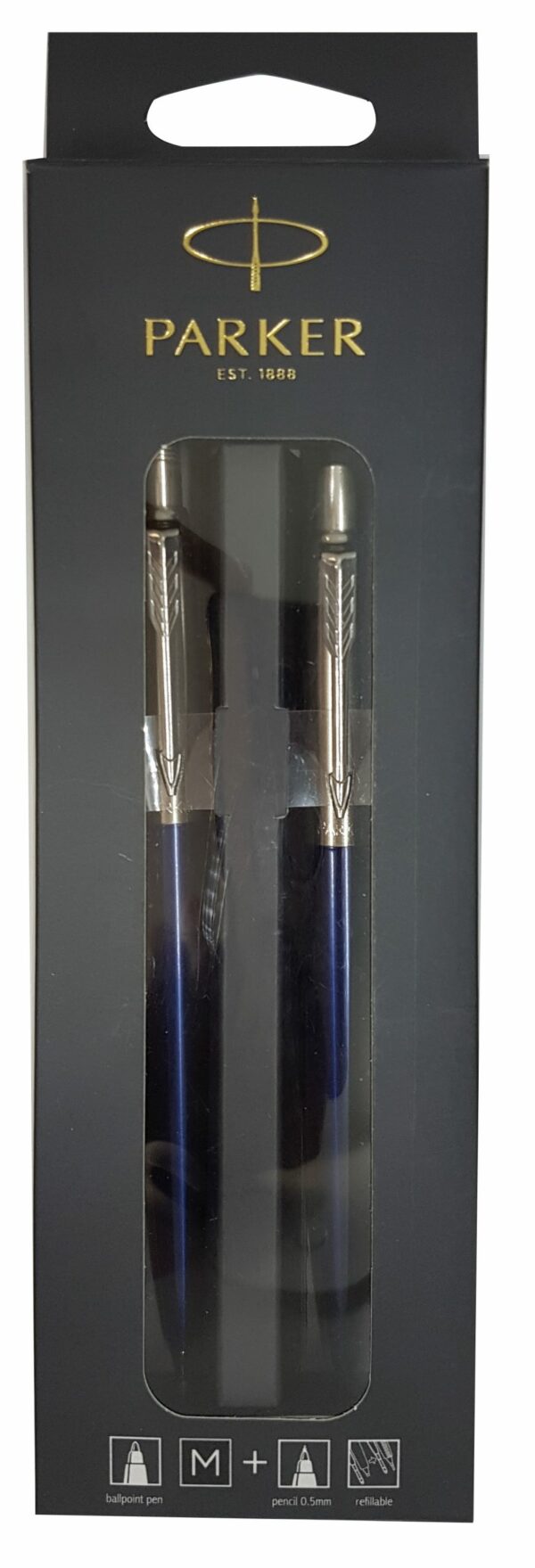 PARKER Jotter Ball Pen & Pencil Set Medium Nib Black Ink Hangsell - Royal Blue Chrome Trim