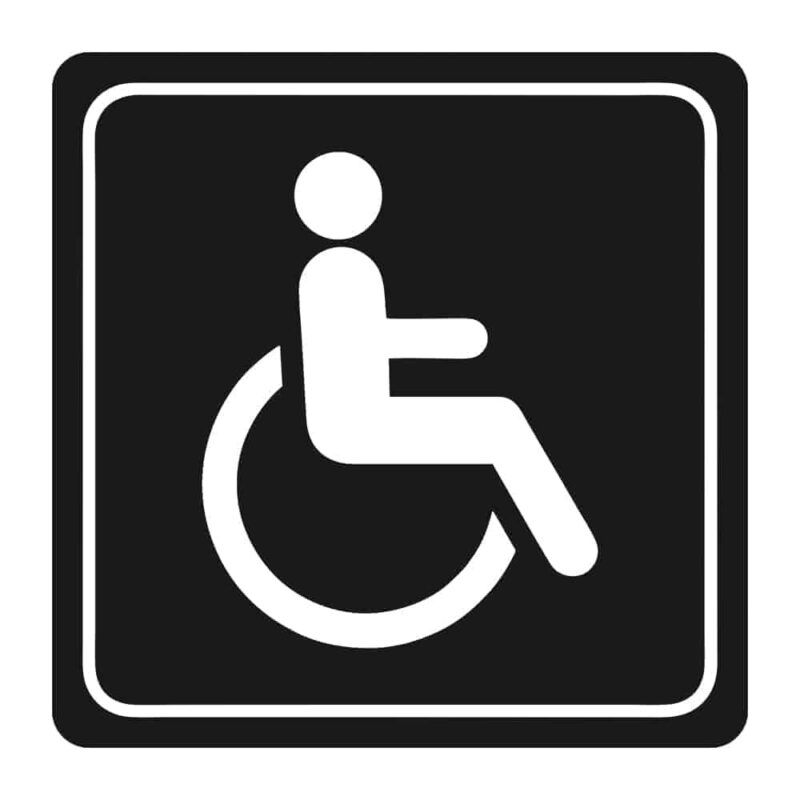 SIGN SYMBOLIC 150*150mm WHITE PRINTED DISABLED TOILET SIGN ON BLACK ACP