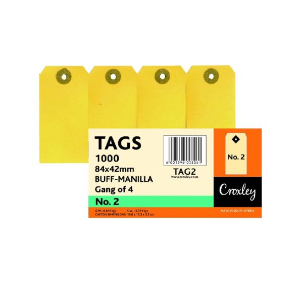 CROXLEY Buff Manilla Tags Gangs of 4 No.2 84X42 Bx1000