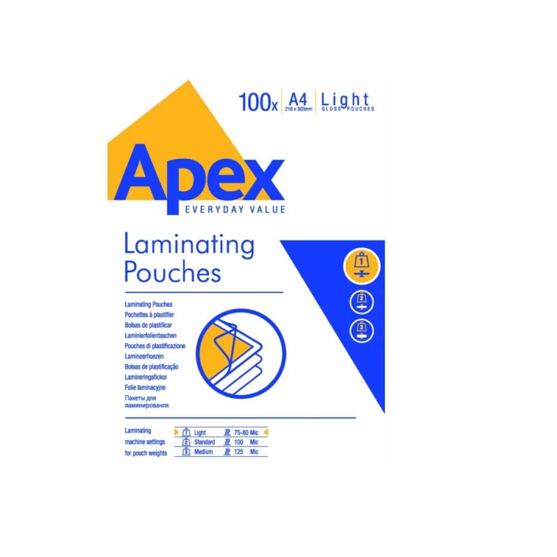 A4 160Mic Laminating Pouch 100pk Apex
