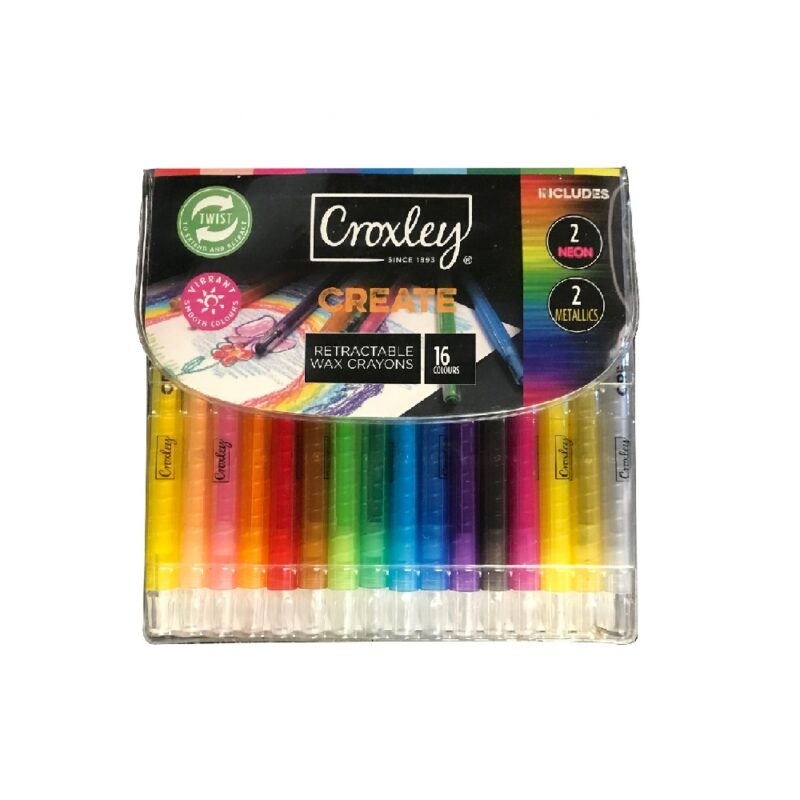 Croxley Create Retractable Crayons  Assorted Wallet Of 16 Includes 2 Metallic & 2 Neon