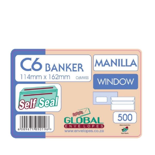 Global C6 Manilla Window S/seal Envelopes 500bx