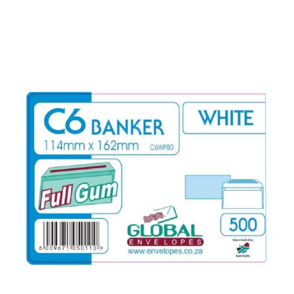 Global C6 White Gum Flap Envelopes 500bx