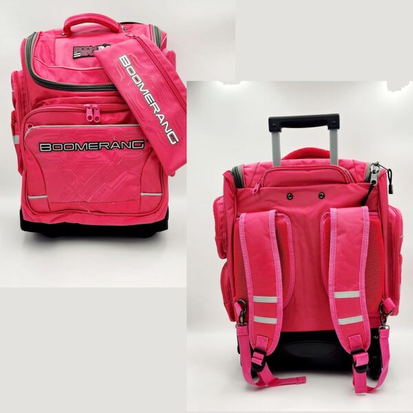 S-538 Pink X-Large Heavy Duty Nylon Trolley Backpack with reinforced wheels, retractable handle, and multiple compartments for a spacious and stylish design.