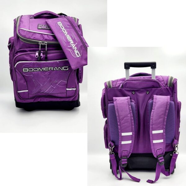 S-538 Ppl X-Large Heavy Duty Nylon Trolley Backpack in purple with multiple compartments, reinforced wheels, and a retractable handle, designed for versatile use.