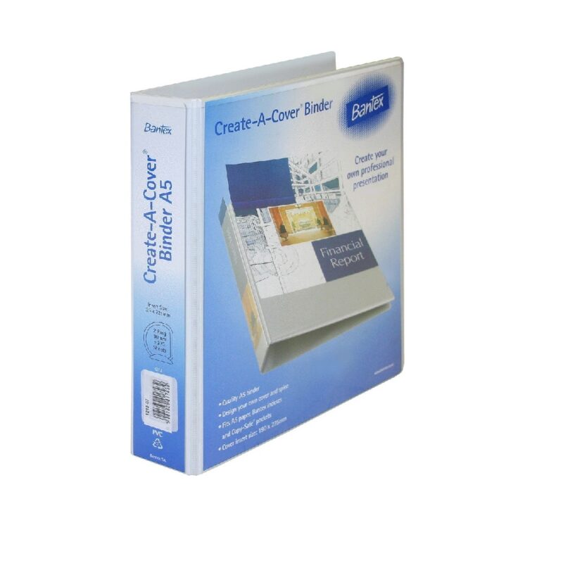 Bantex Presentation Binder PVC A5 - Clear pocket front and spine, 2 D-ring. 30mm.